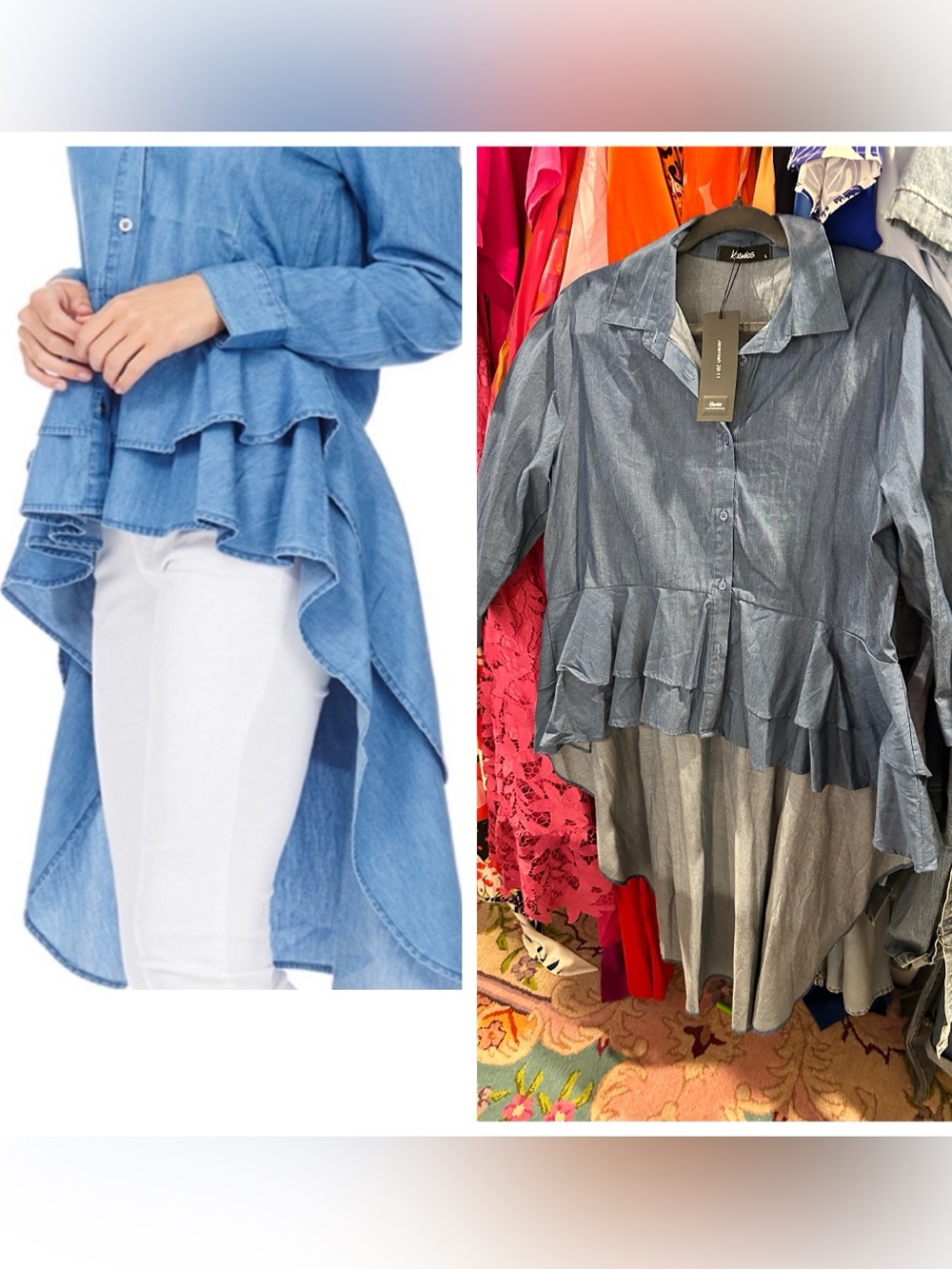 Ruffle-Hem Button Down Shirt - Blue